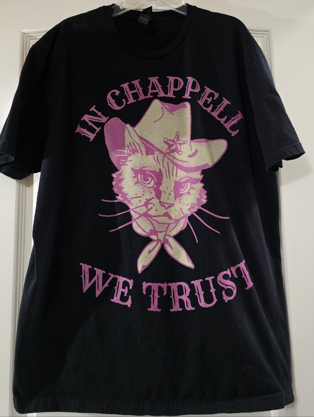 "In Chappell We Trust" Black Cat Graphic Tee with Pink Design -